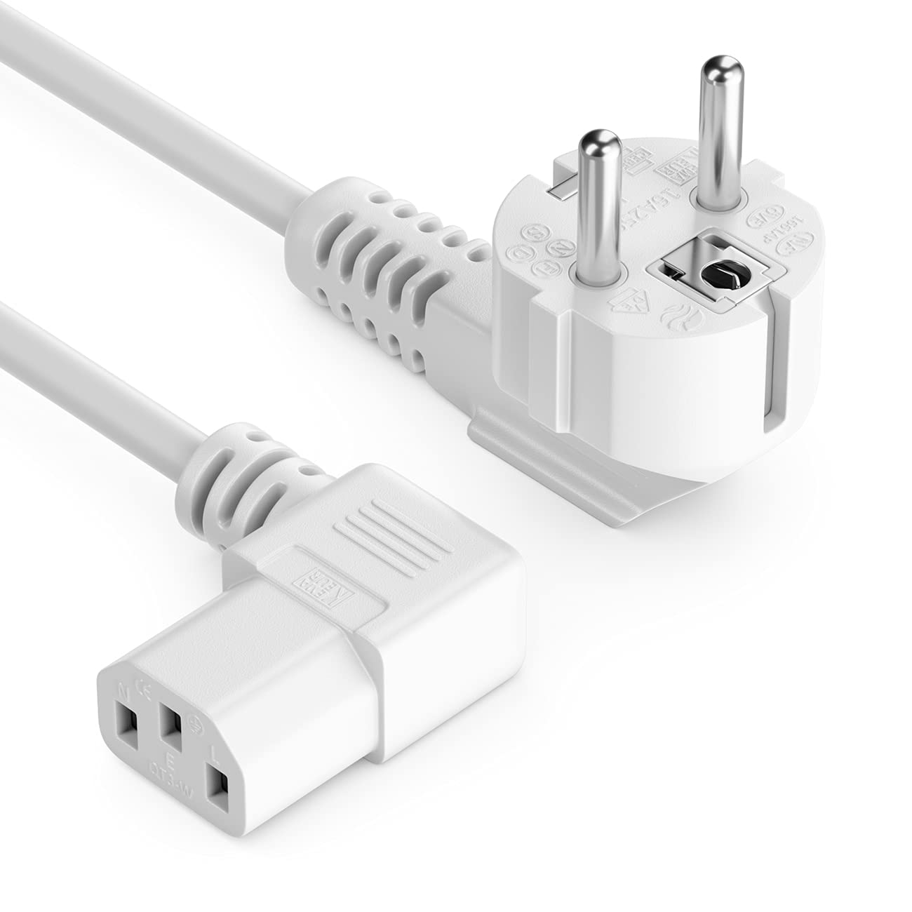 deleyCON 5m Câble Appareil Froid Alimentation Cordon électrique Fiche Contact Protection Type F (CEE 7/7) 90° Coudée vers Prise C13 90° Coudée Droite PC Ordinateur Moniteur Imprimante - Blanc