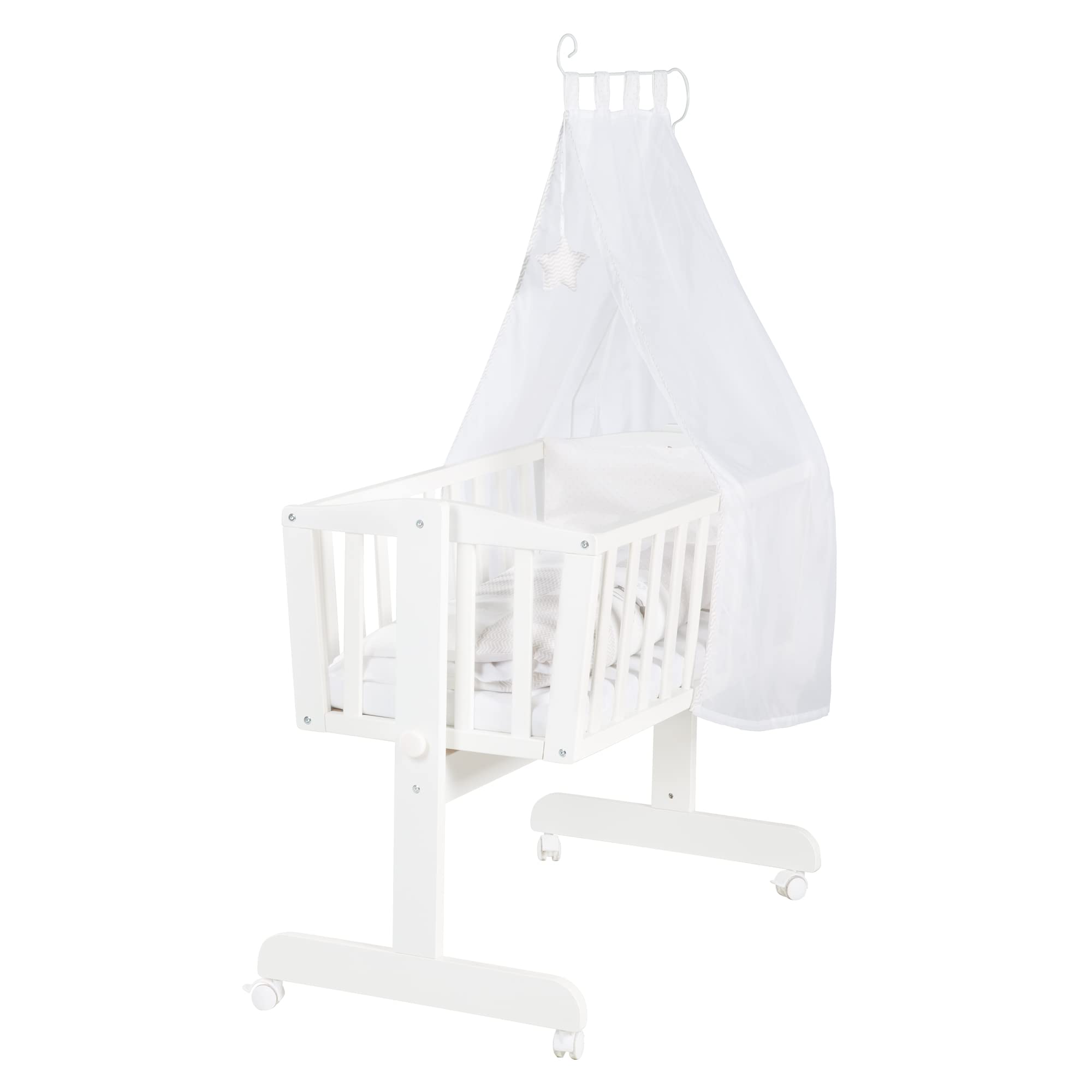 roba Berceau Complet Fox et Bunny 40 x 90 cm - Literie Complète Incluse - avec Verrouillage en Position Fixe - Roues à Freins - Bois Laqué Blanc - Motif Lapin