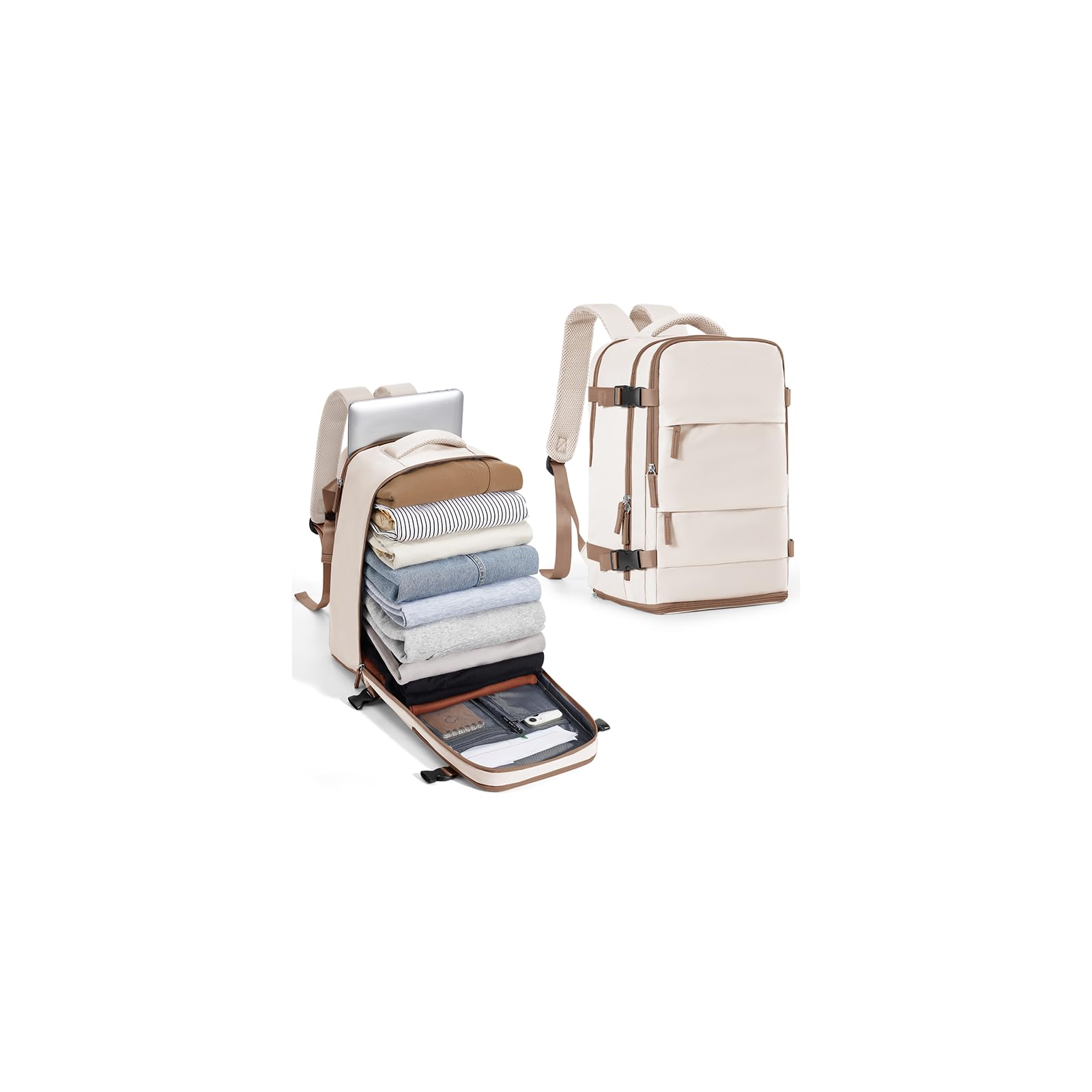 BJLFS Sac à Dos de Voyage Femme Cabine Avion 40x30x20 Ryanair Wizzair | Bagage Cabine 40x30x20 Vueling Bagage à Main Homme Sac à Dos pour Ordinateur Portable Beige marron