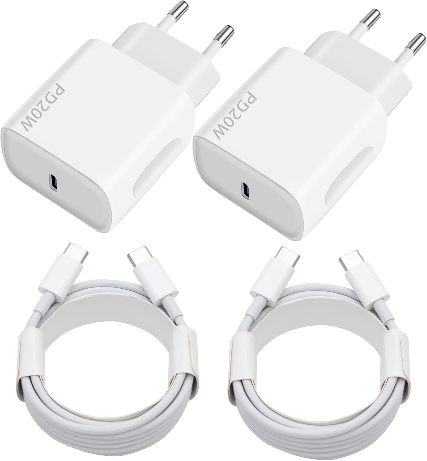 Chargeur USB C 20W, 2-Pack Prise USB C Chargeur Rapide avec 2x2m Câble USBC,Chargeur USBC Rapide pour iPhone17 16 15 Plus Pro Max Samsung Galaxy iPad Huawei Xiaomi,Prise USBC