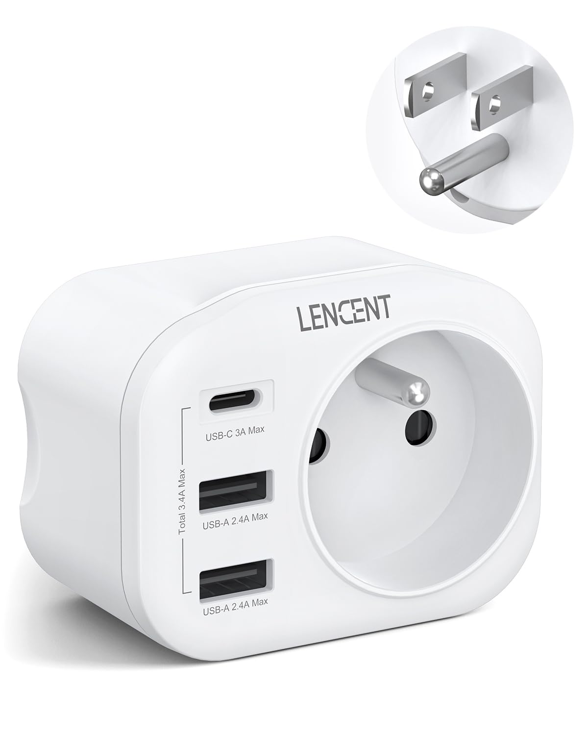 LENCENT Adaptateur Prise USA Américaine Canada Mexique Thaïlande | Adaptateur de Voyage 2 Ports USB et 1 Port USB-C adapté aux États-Unis, Adaptateur électrique Mâle USA/Femelle France, Type B