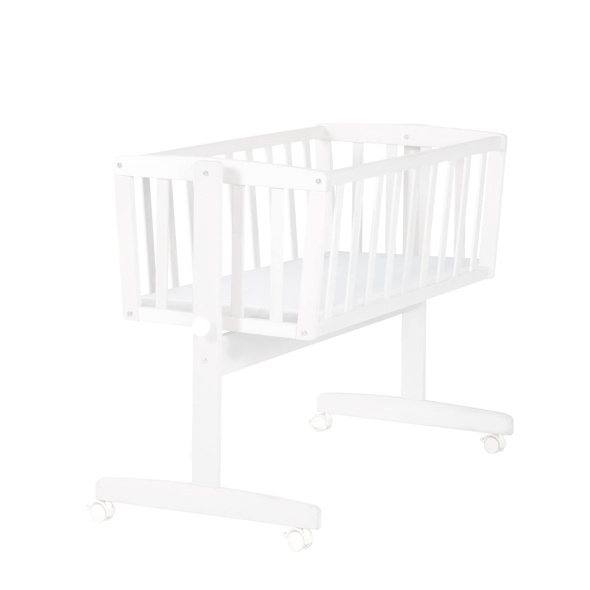 roba Berceau Bébé 40 x 90 cm + Matelas - Fonction Basculante avec Bouton de Verrouillage + roulettes avec Frein - Ensemble pour Filles et Garçons - Bois Blanc