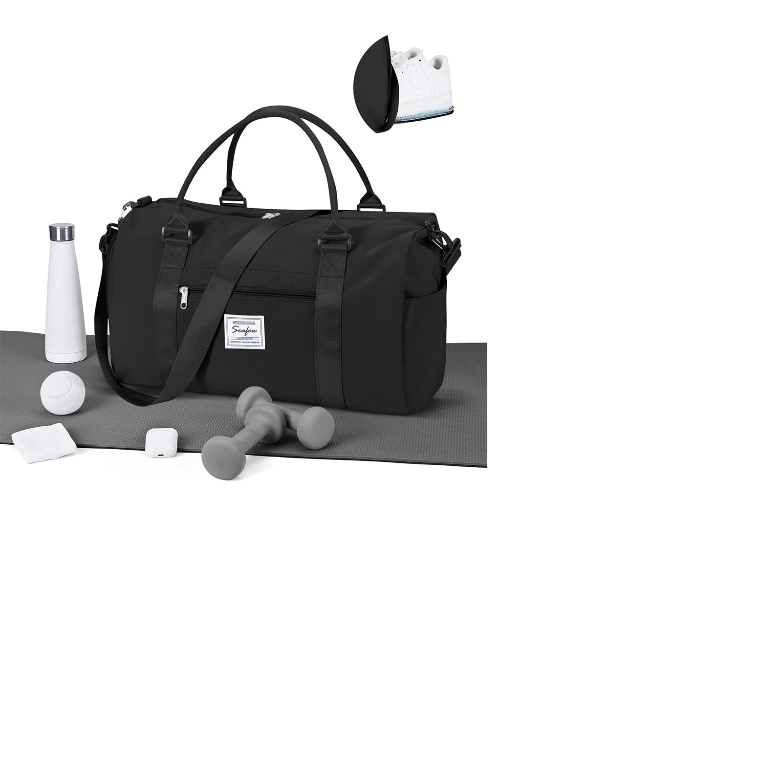 WEPLAN Sac de Sport Femme Homme Sac de Gym Léger Sac de Voyage avec Compartiment de Chaussures et Poche Humide Sacs de Sport Fitness Gym Duffle Bag Sacs Weekend Polochon Piscine,A1-Noir