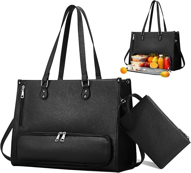 Sac Ordinateur Femme, Sac a Main Ordinateur 15,6 Pouces, Sacs Travail Femme, Sac a Main pour Les Cours Lycee, Lunch Bag Cuir PU avec Compartiment à Déjeuner Isotherme et Etanche pour Université Voyage