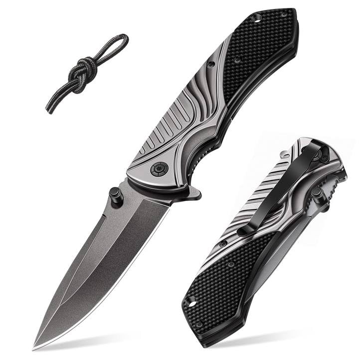 ISEYOU Couteau Pliant avec Revêtue de Titane, Couteau de Poche de Acier Inoxydable 3Cr13 avec Brise-Vitre, Couteau de Survie avec Clip de Poche pour Camping, EDC, Cadeau Homme