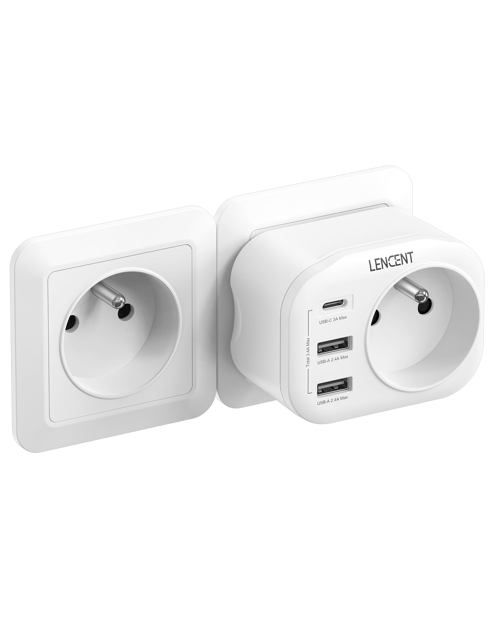 LENCENT Prise USB Secteur Chargeur 4 en 1 avec 1 Prise | 1 Type C et 2 USB Multiprise Un Mini pour Chambre Cuisine Bureau 4000W Compatible avec Phone
