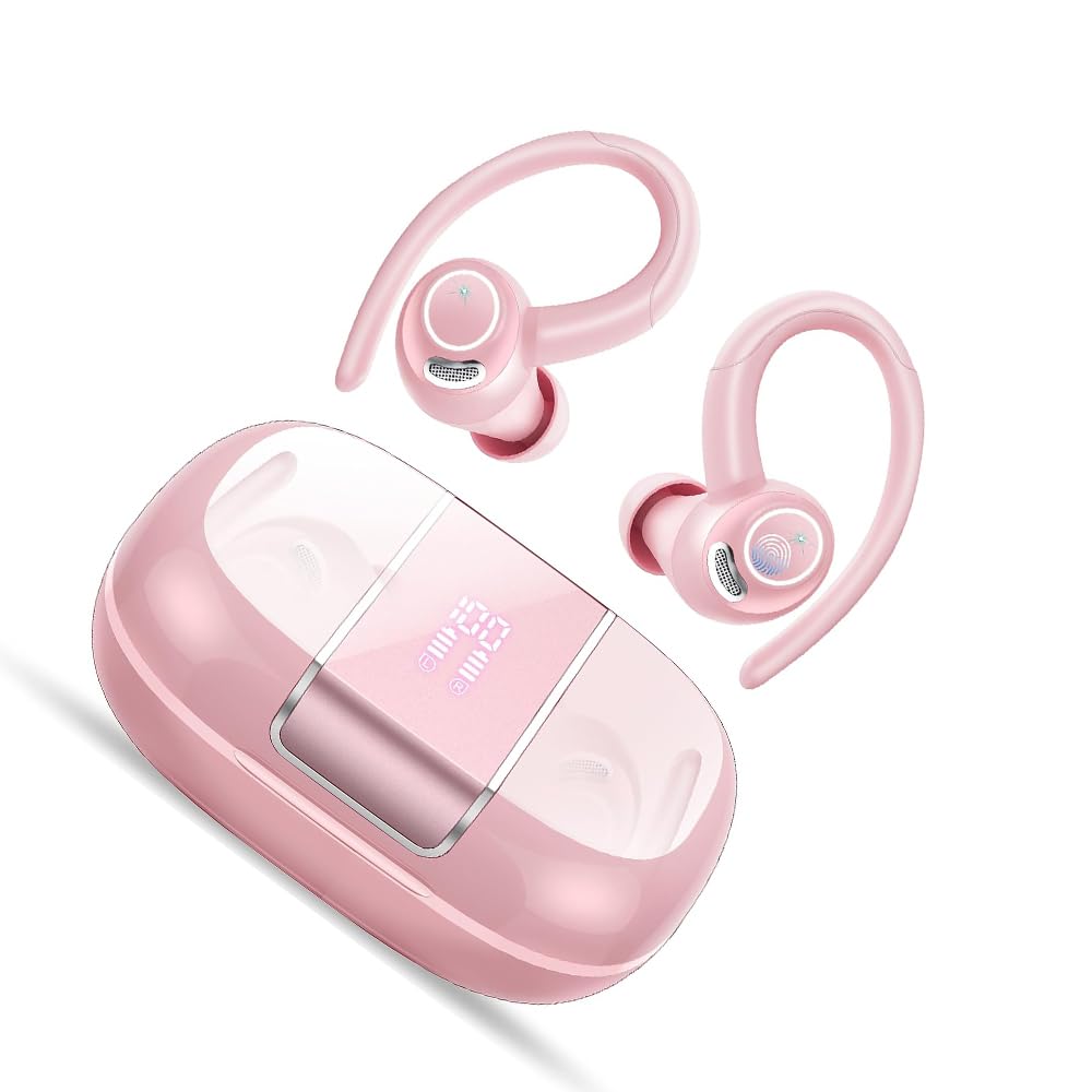 Csasan Ecouteurs Sport sans Fil Bluetooth 5.4 Son HiFi Stéréo Haute Qualité | Autonomie 48H, Écran LED Tactile, Micro ENC anti-bruit, Étanchéité IPX7, Compatible Android iOS, Adapté Sport, Rose