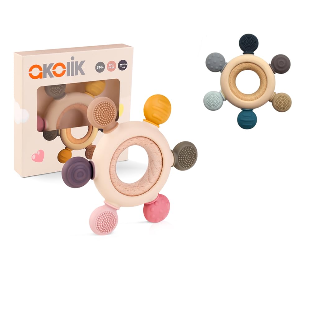 akolik Anneau de Dentition pour Bébé, Hochets de Dentition en Silicone Jouet de Dentition, Accessoires d'Allaitement Sans BPA pour Bébés de 3-6 6-12 Mois Autistes, Cadeaux pour Enfant
