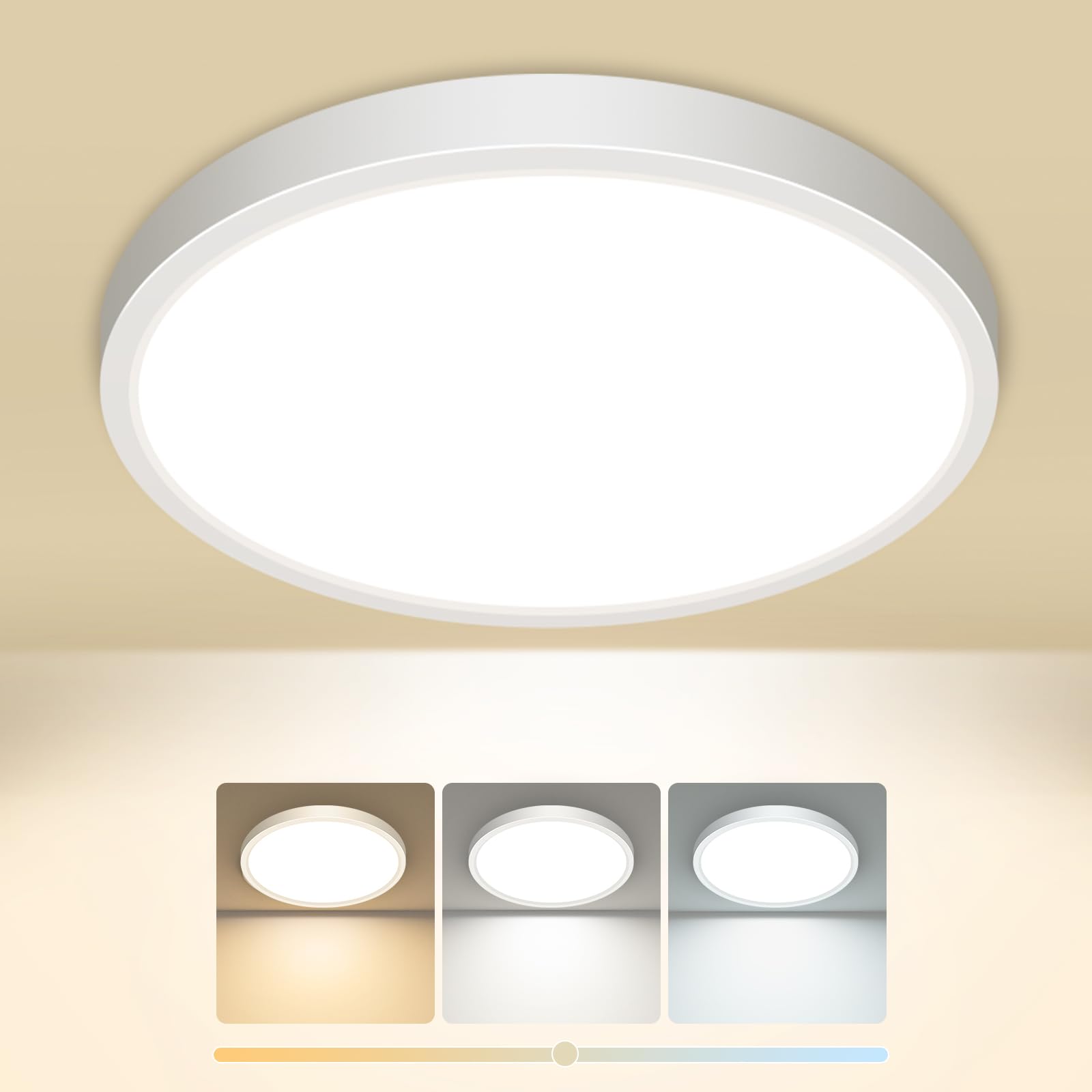 slochi Plafonnier LED, 3000K 4000K 6500K 3 Couleurs Lampe Plafond, 15W 1500LM, Moderne, Rond, IP44 Etanche Plafonnier Salle de Bain pour Cuisine, Chambre,Couloir, Garage, Balcon