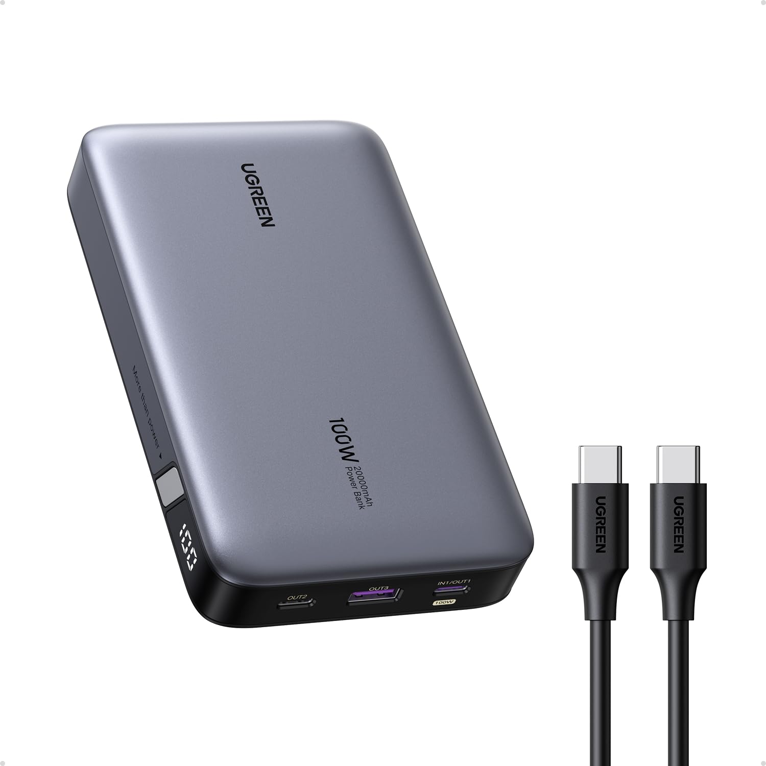 UGREEN Nexode 100W Batterie Externe 20000mAh Power Bank USB C Charge Rapide | Adapté en Avion, 3 Ports 2C1A, Chargeur Portable PC, Compatible avec iPhone 18 17 16 Pro Max Air Galaxy S26 S25 MacBook