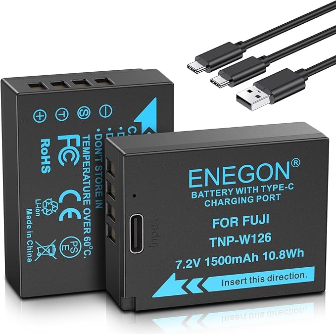 ENEGON NP-W126/W126S Lot de 2 Batteries Rechargeables 1500 mAh avec Câble USB-C 2 en 1 pour Fujifilm X100V, X100VI, X100F，X-A1, X-E1, X-E2, X-E3, X-M1, X-Pro1, X-T1, X-T3, HS30EXR, HS35EXR, HS50EXR