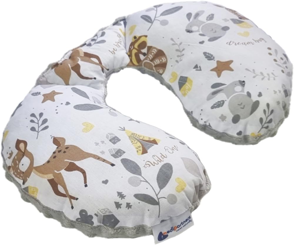 Medi Partners Coussin Voyage Enfant de Cou pour Bebe Repose Tete Voiture Oreiller Voyag - 100% Coton/Minky Oreill Cale Nuque Tour du Voiture Avion Bébé (Cerf avec Minky Gris)