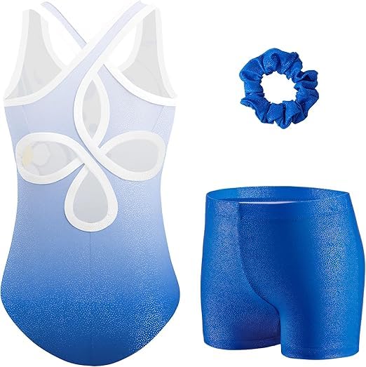 Arshiner Justaucorps de Gymnastique Fille, Ensemble 3 Pièces avec Short et Chouchou, Sans Manches avec Dos Ajouré Croisé et Détails Scintillants, Tenue de Danse Ballet pour Enfant 3-11 Ans