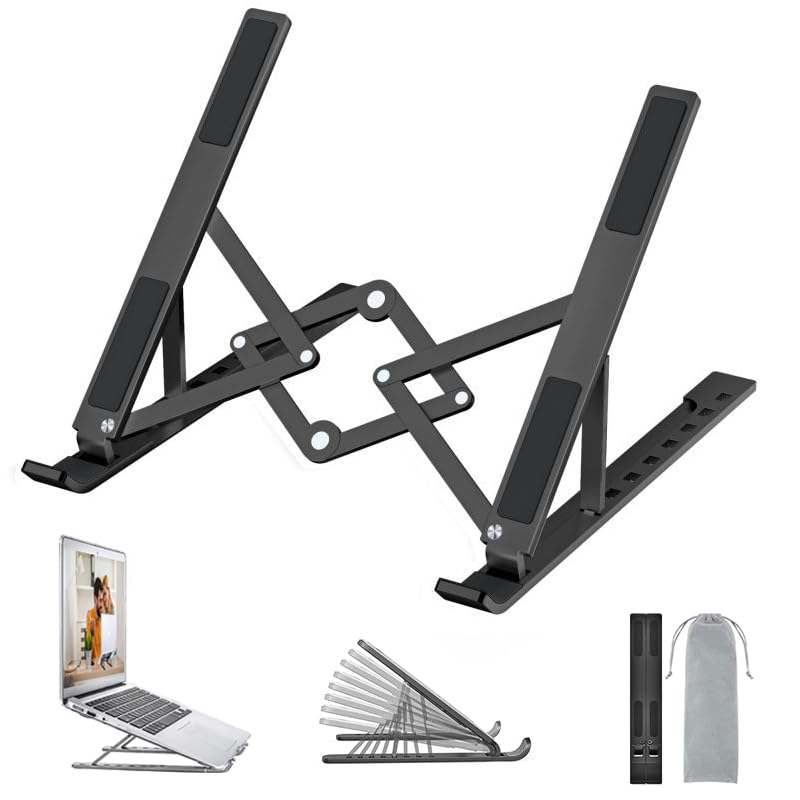 OUGEP Support Ordinateur Portable, Support PC Portable Ventilé en Aluminium Réglable, Refroidisseur Ergonomique Compatible avec MacBook Air, HP, Dell, 10-17.3’’ (Noir)