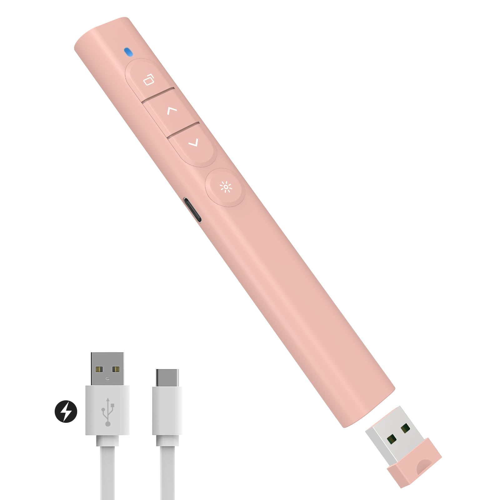 SunnyOcean Telecommande Ordinateur Powerpoint Rechargeable, Télécommande Powerpoint Pointeur sans Fil, 2.4GHz Hyperlien et Contrôle du Volume pour PC Mac Portable (Rose)