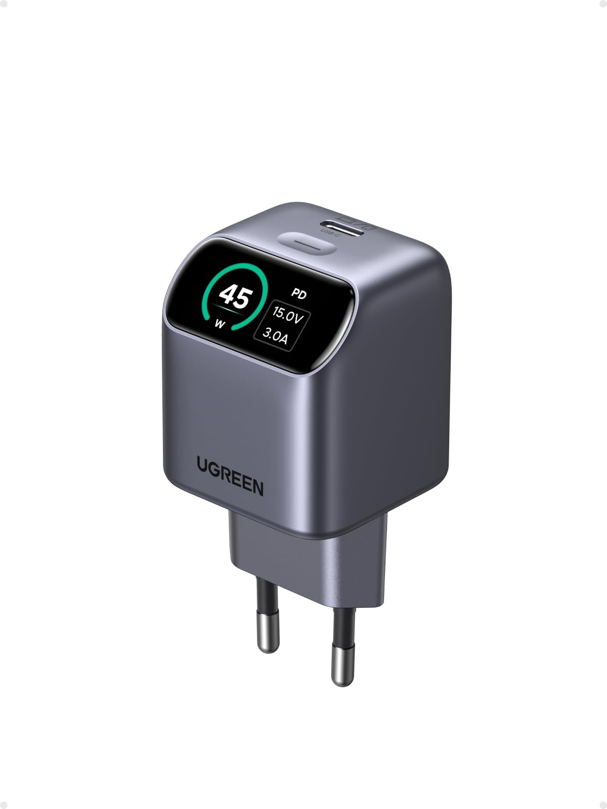 UGREEN Nexode Pro Chargeur USB C 45W PPS Rapide GaN avec Écran Intelligent | Prise Secteur Compatible avec iPhone 18 Pro Max 17 16 15 Galaxy S26 S25 Ultra A57 A76 Plus Pixel 10 Pro iPad Mini
