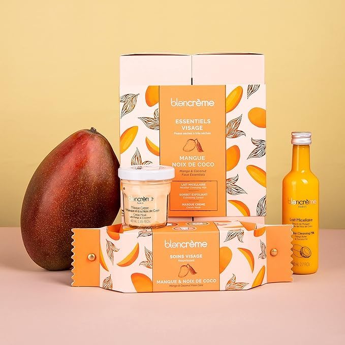 Blancrème - Coffret cadeau 3 soins du visage à la mangue et à la noix de coco : lait micellaire, gommage facial, masque facial jusqu'à 98,6% des ingrédients d'origine naturelle