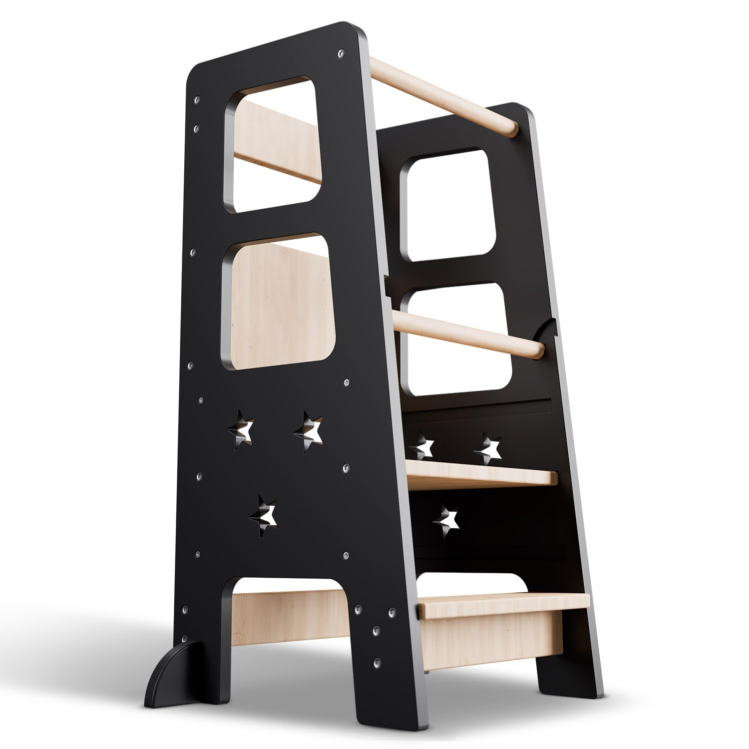 Juskys Tour d'apprentissage Henny - pour Enfants à partir d'un an, Marche-Pied, réglable en Hauteur sur 3 Positions, Protection Anti-Bascule, Aide à la Cuisine - Noir