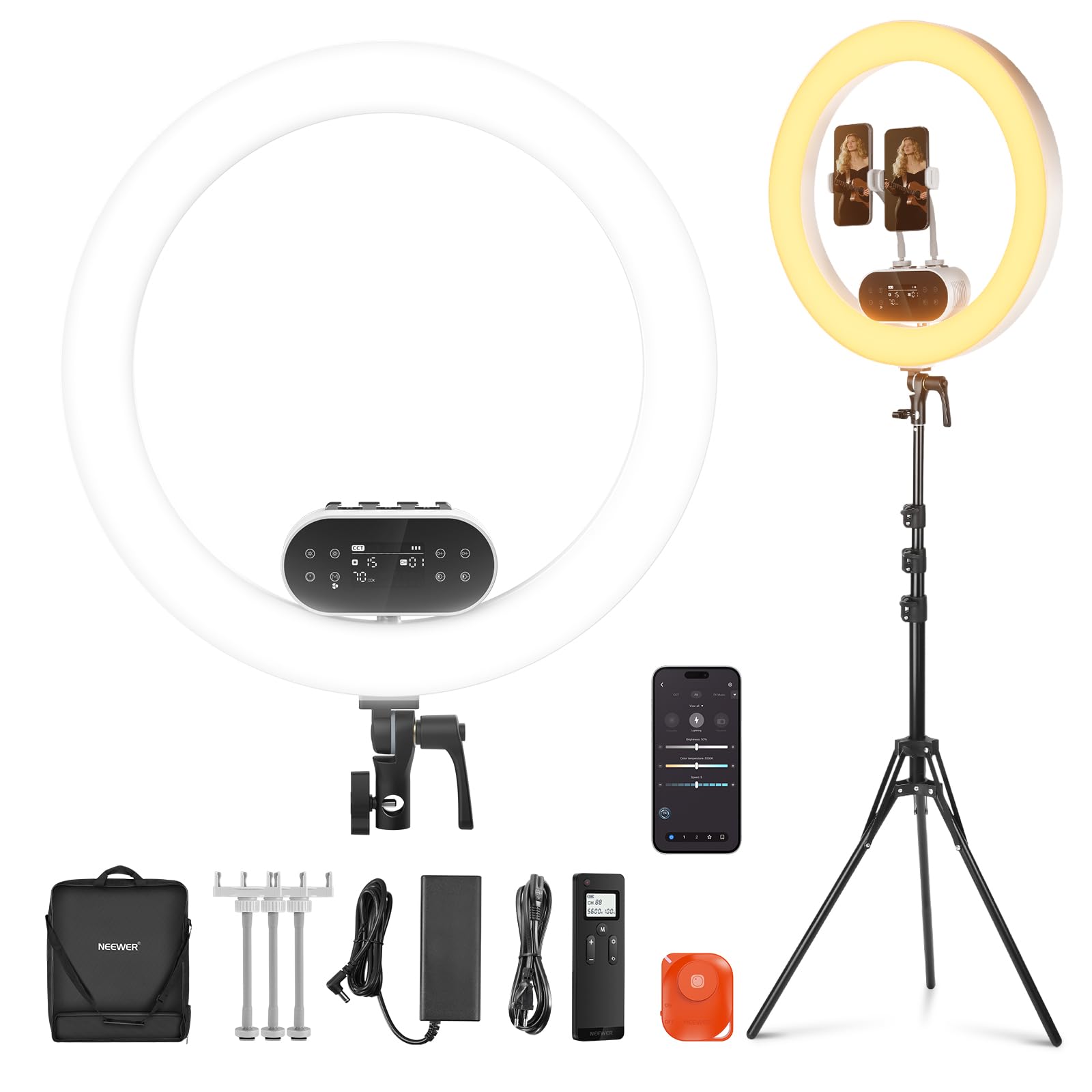 NEEWER 19" Ring Light Anneau Lumineux LED avec Trépied, RH100B | Haute Puissance 100W,2900K-7000K CRI97+ Contrôle App & 2.4G, 3 Supports pour Téléphone Compatible avec iPhone, Lumière Vidéo