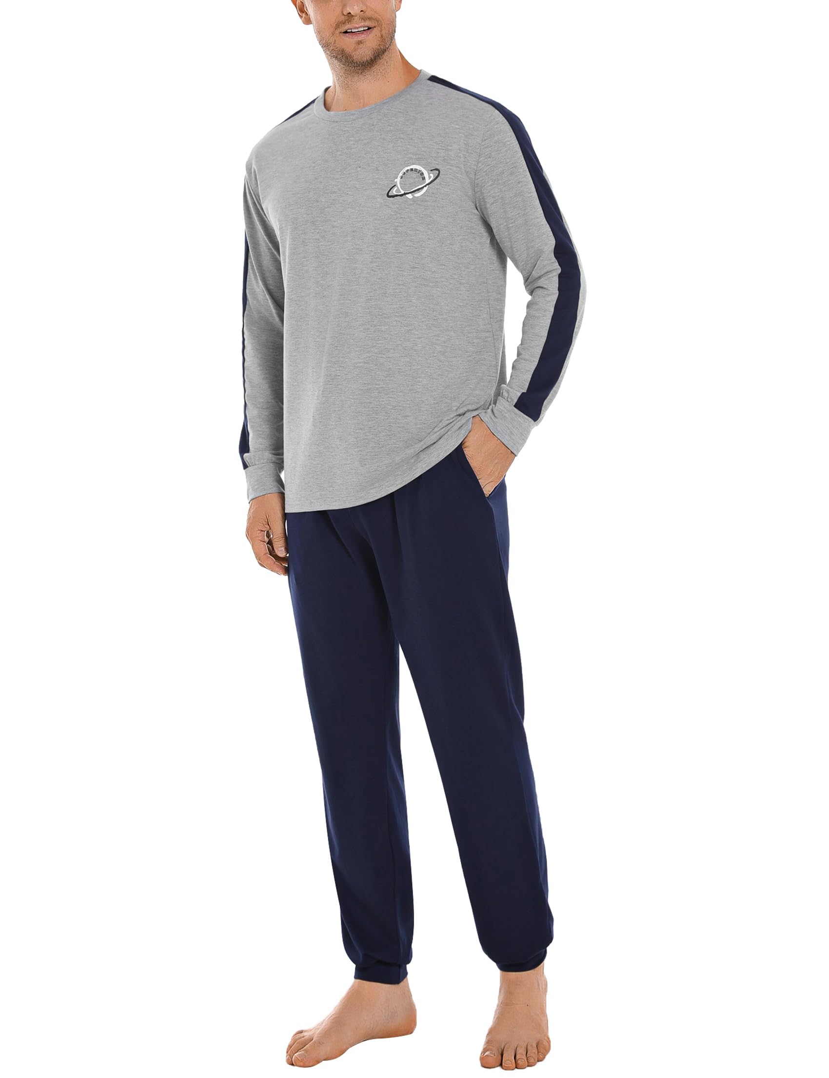 Crewhpo Pyjama Homme Hiver 2 Pièces Col Rond Manches Longues Contrastées | Tissu Doux et Chaud, Haut à Petit Motif Imprimé, Manches Longues Contrastées, Pour les Soirées Froides, pour le Quotidien
