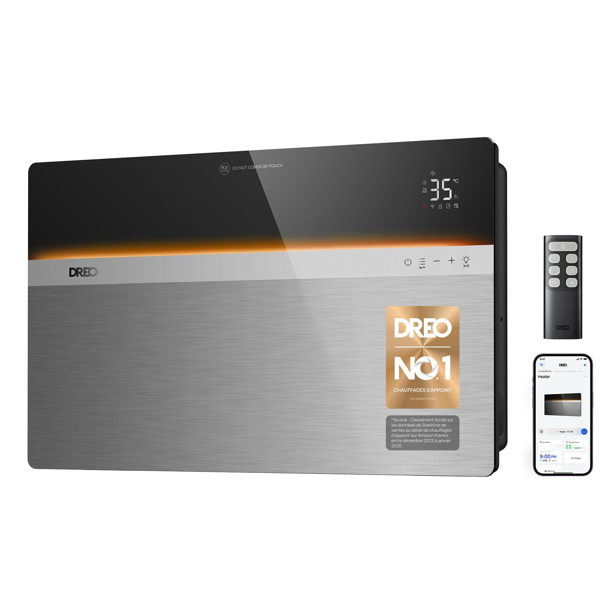 DREO Radiateur à convection connecté 2000 W pour grandes pièces | Silencieux, sans souffle d’air, thermostat, télécommande, minuterie 24 h, protection surchauffe, IP24, salle de bains