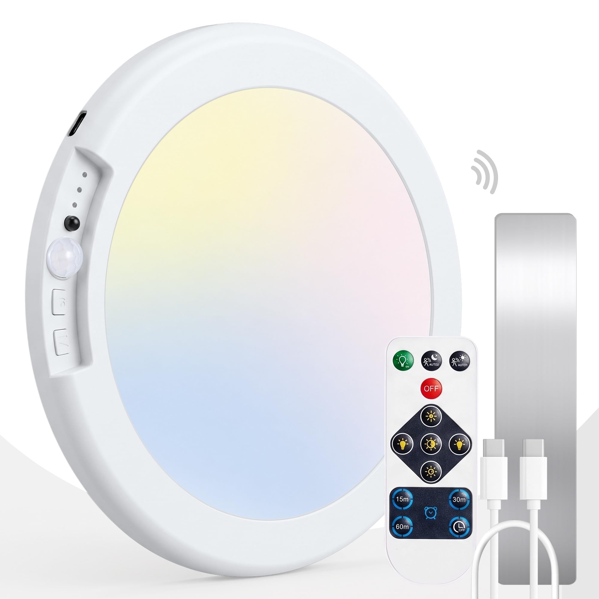 ODEETRONIC Plafonnier LED Avec Détecteur De Mouvement, Lampe de Plafond | Rechargeable USB; Batterie; Télécommande; Luminaire Sans Fil pour Interieur Chambre Cuisine Garage Couloir Escalier, 19 cm