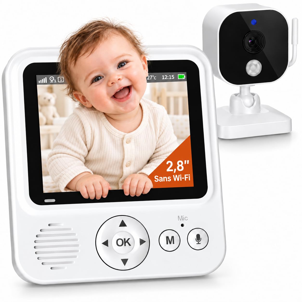 OBVHNUA Babyphone caméra sans WiFi, autonomie VOX Jusqu’à 96 h | Écran IPS 2,8 pouces, vision nocturne, zoom 2x/4x, audio bidirectionnel et alerte de température pour veiller sur bébé
