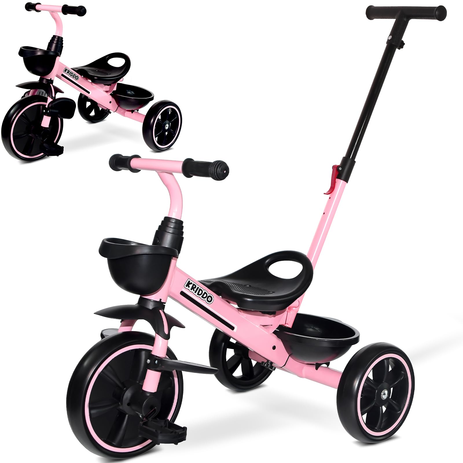 KRIDDO 2-en-1 Tricycle pour Enfants de 18 Mois à 5 Ans - Poignée de poussée Extensible pour Une Conduite sans Effort, Tricycle Cadeau de 3 à 5 Ans, Tricycle avec Repose-Pieds Avant Pliable, Rose