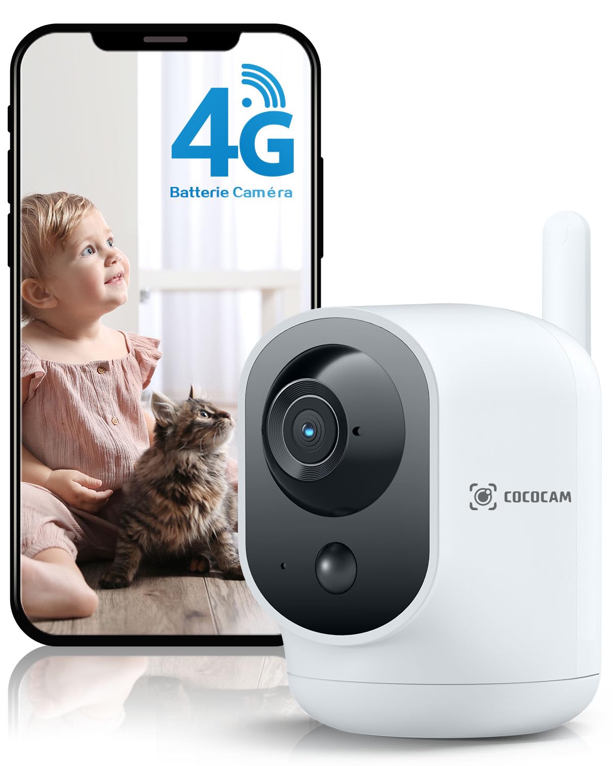 COCOCAM 4G Camera Surveillance Interieur sans Fil avec Batterie 6000mAh | 355°P 90°T, 2K 4G Caméra pour Bébé/Animal/Ancien, Détection Humaine PIR, Carte SIM Intégrée (sans WiFi)