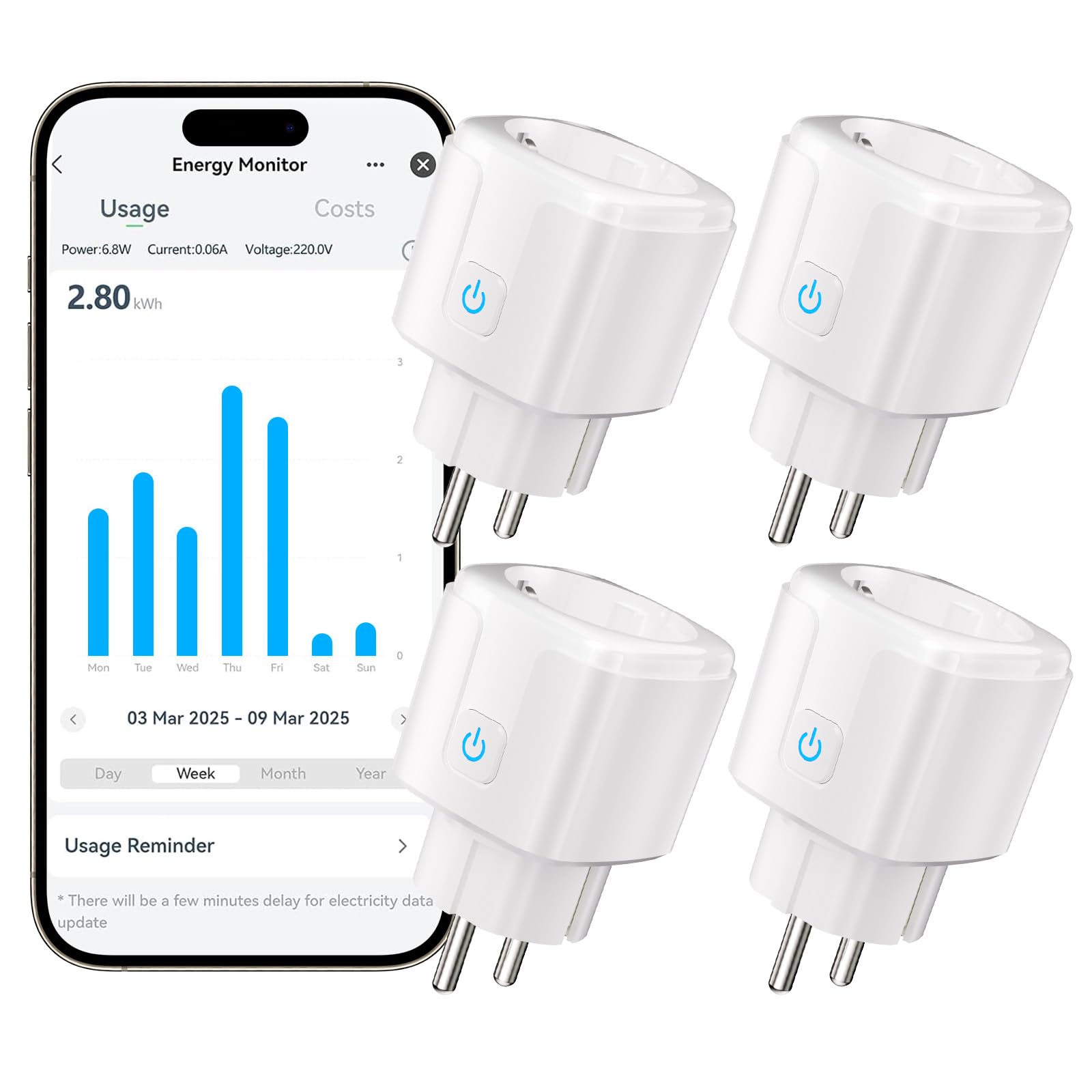 4 PCS Smart Prise Connectée WiFi, 16A Prise Connectée avec Mesure de Consommation Électrique, Plug Programmable avec Alexa et Google Home, Compatible Avec Alexa Et Google Home, Contrôle App, Minuterie