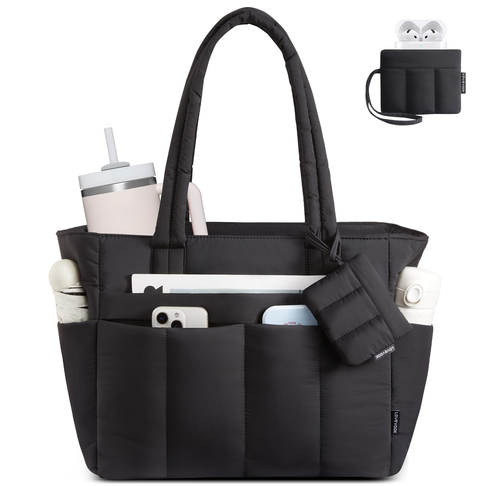 LOVEVOOK Sac à main pour femme, sac fourre-tout Puffy avec fermeture éclair, sac de travail, sac d'école, sac à main avec compartiment pour ordinateur portable, pour le travail, le bureau