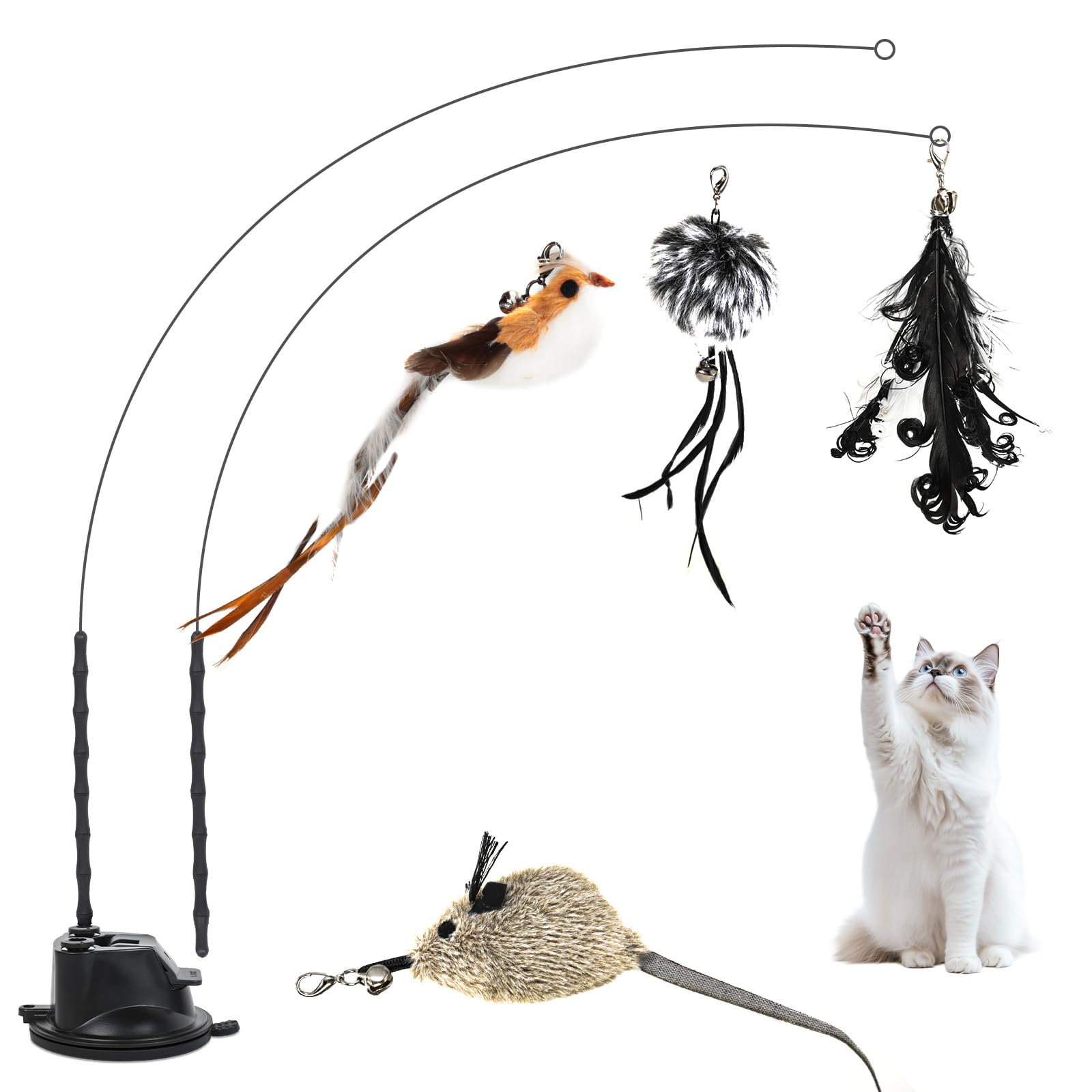 Romon Jouet Chat, Noir 7 Pièces Jouets pour Chats Interactif, Interieur Jeu à Plumes avec Ventouse, 2 Canne à Pêche, 1 Oiseaux à Clochettes pour Chaton, Cat Toys Accessoire Intelligence Chat Baguette