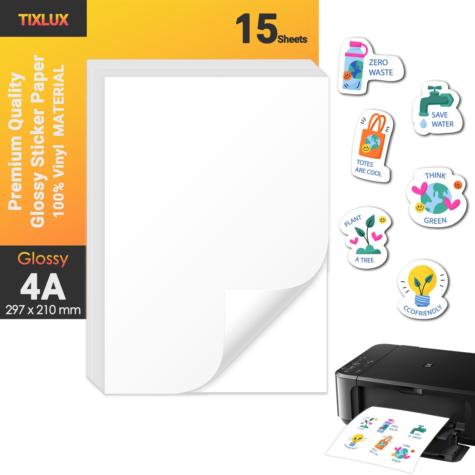 Tixlux 15 feuilles de papier autocollant vinyle pour imprimante jet d'encre, Fini Brillant, autocollant, sèche rapidement, couleurs vives, papier autocollant imperméable, format A4 297x210mm