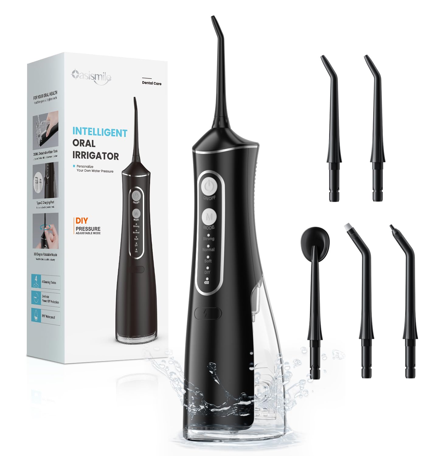 OasiSmile Jet Dentaire Hydropulseur,5 Embouts Rotatifs 360°,Maison & Voyage | 4 Modes & DIY Pression Réglable, Étanche IPX7, Orthodontie & Gencives Sensibles, Hydropulseur Dentaire Portable 300ml