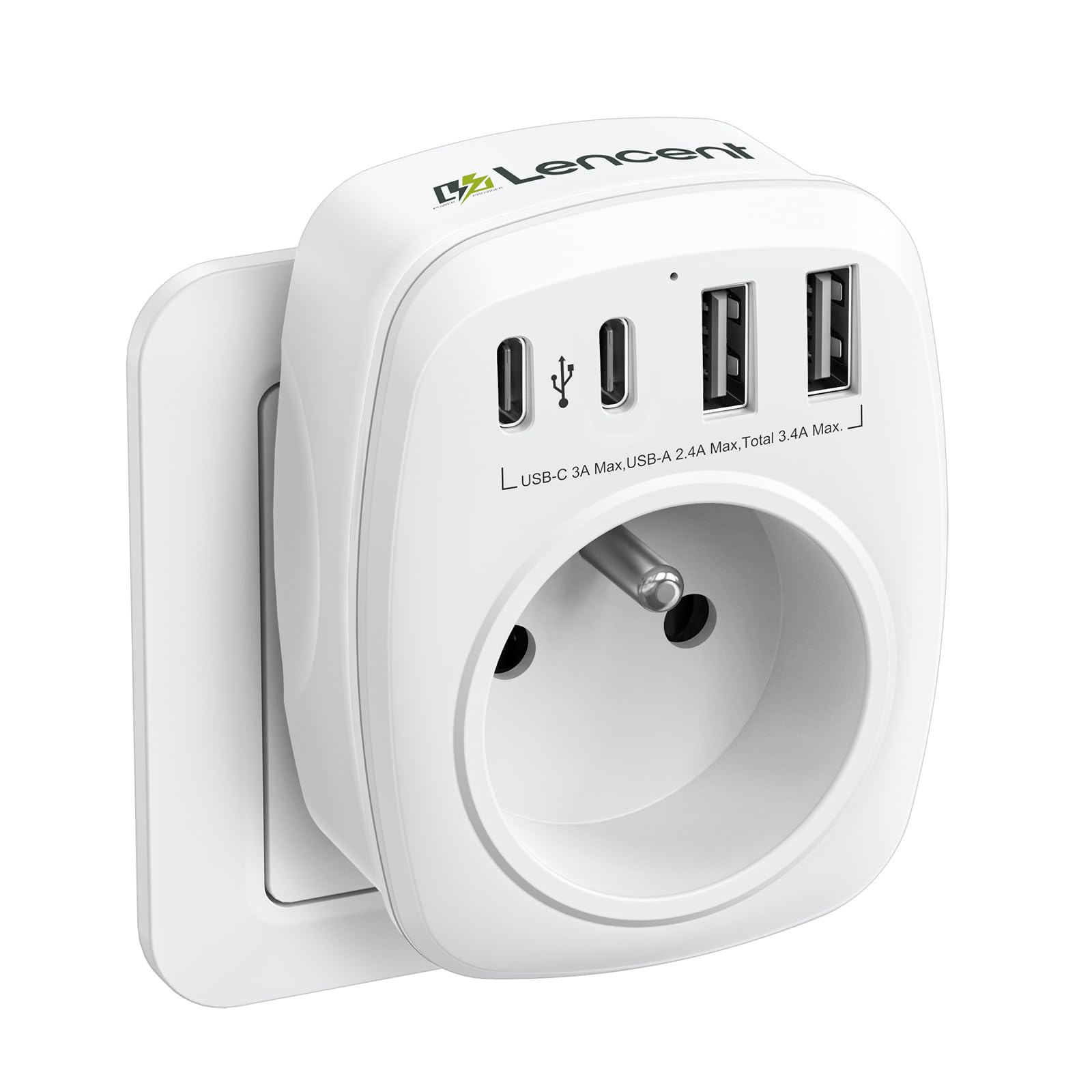 LENCENT Prise Secteur Multiple, Chargeur Multiprises avec 1 Sortie AC | 2 USB C et 2 Ports USB, Murale Electrique Compatible avec iPhone/iPad, Idéal pour Chambre Bureau Domicile 4000W