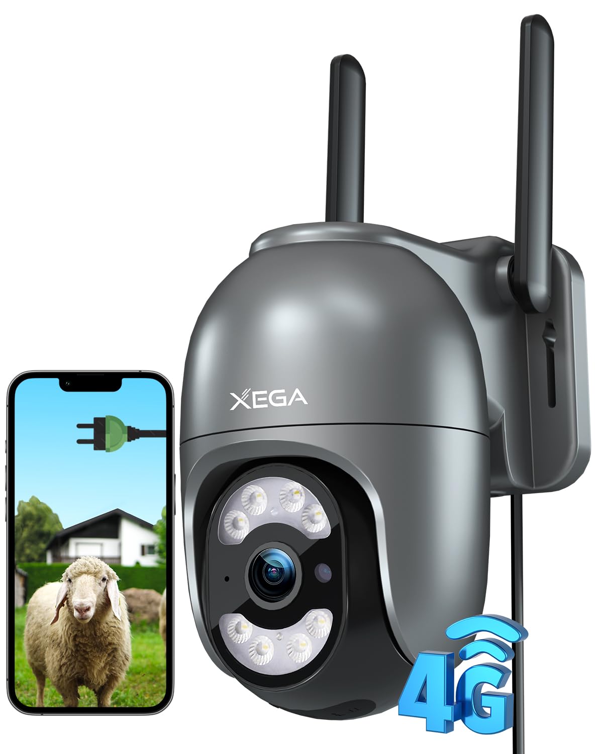 Xega Caméra Surveillance 4G Filaire 24/7 Extérieur avec Carte SIM sans WiFi | Suivi Automatique, 2K HD, Détection Humaine & Mouvement, Projecteur et Sirène, Alerte Instantanée, Abonnement Requis