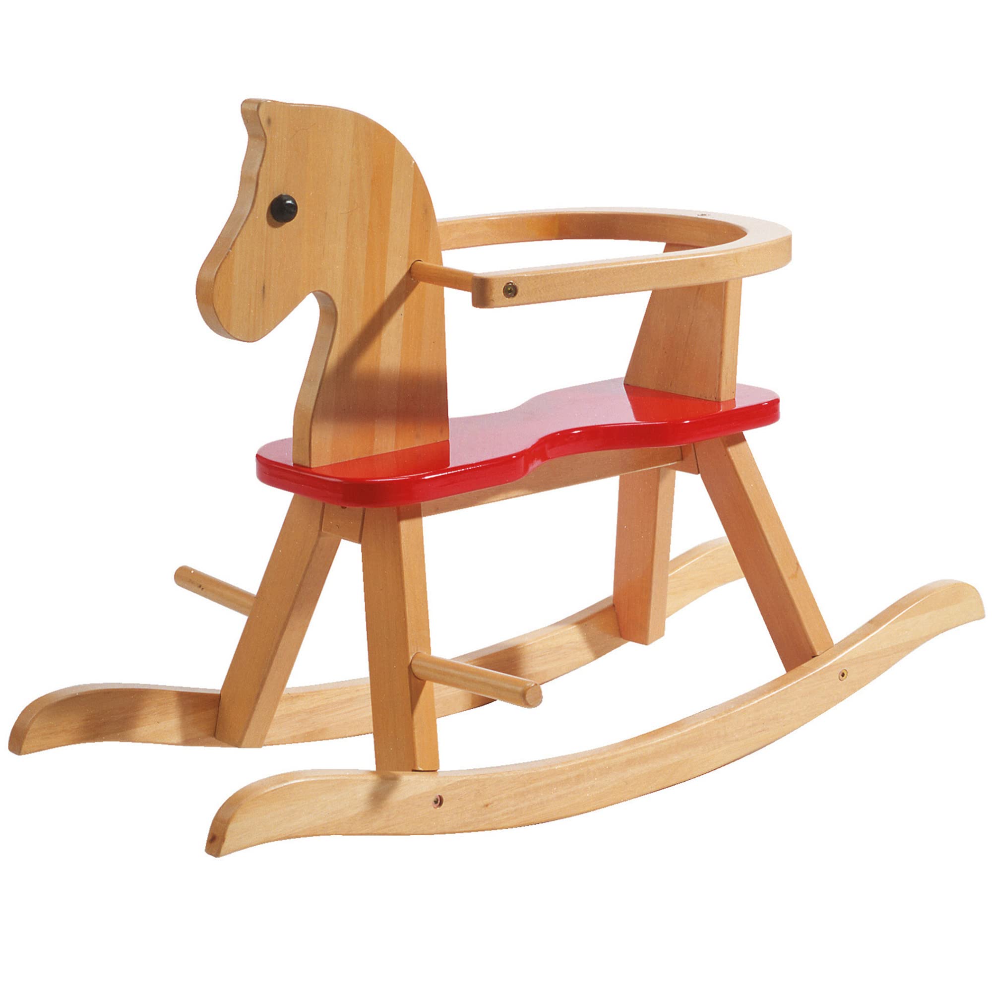 roba Cheval à Bascule en Bois Massif Naturel et Assise Rouge + Anneau de Protection Amovible - Aide à Maîtriser l'Équilibre - Supporte 25 kg - dès 1 an
