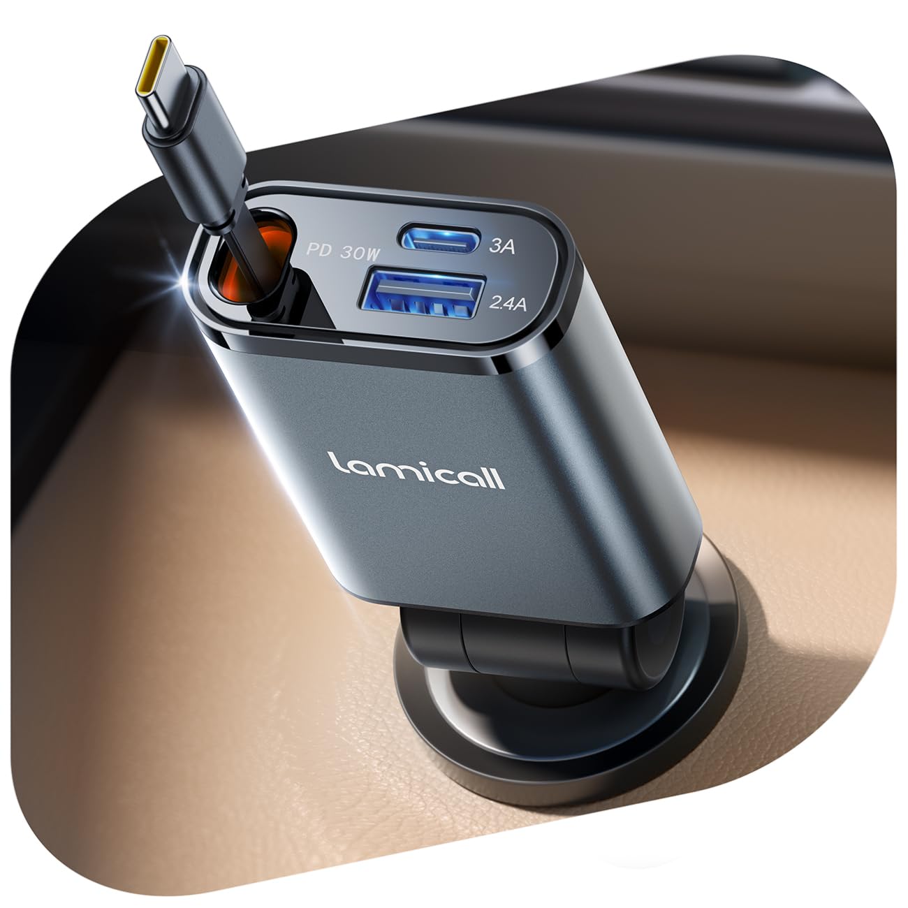 Lamicall 3 en 1 Chargeur Allume Cigare Voiture USB C - 50W Charge Rapide | 75 CM Câble Type-C Rétractable, Chargeur Voiture avec USB-C/USB-A, 180° Pliable Prise 12V/24V pour iPhone, Android