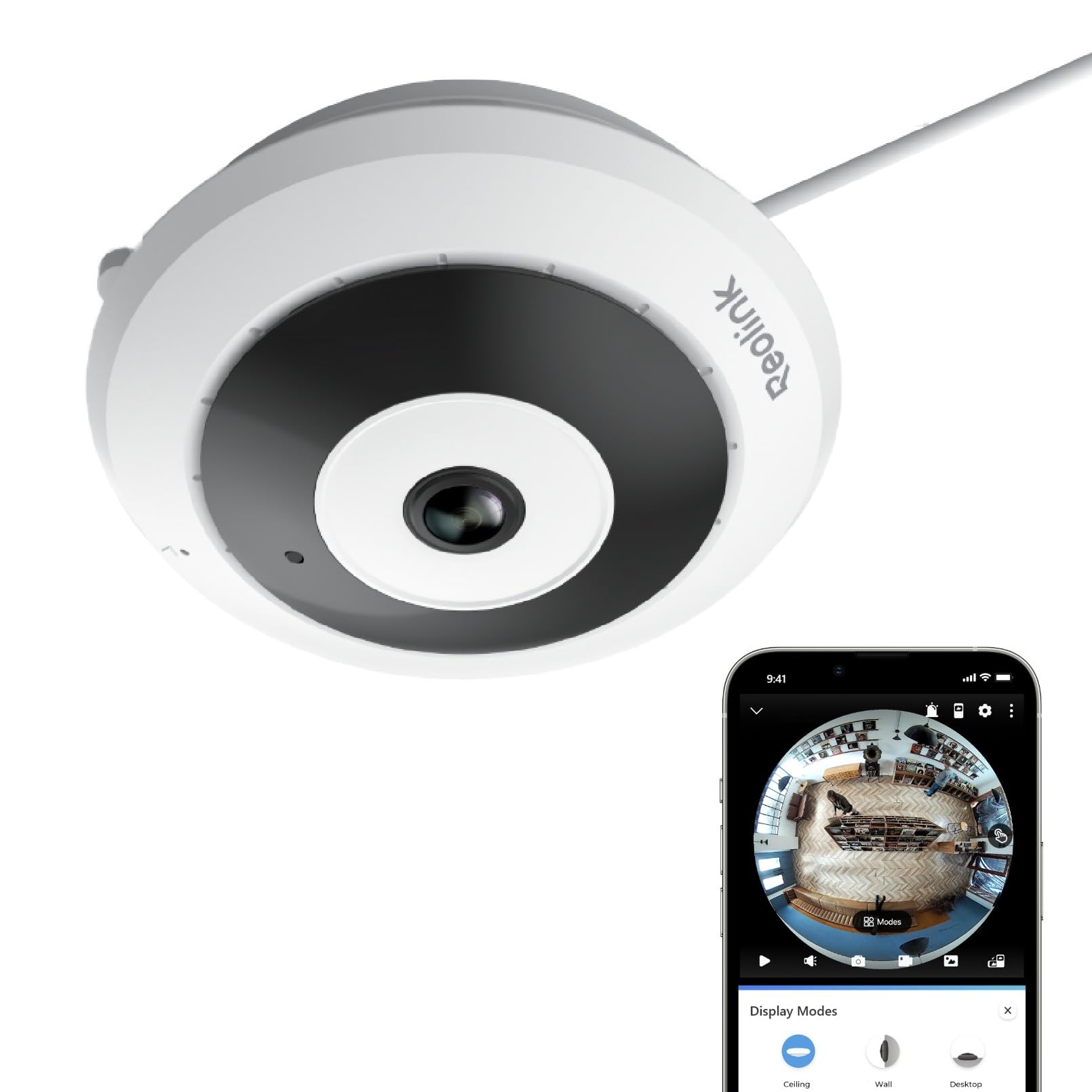 Reolink Caméra Fisheye, 2K+6MP Panorama 360°, Caméra Surveillance WiFi | WiFi 2,4/5GHz, Détection de Mouvement, Correction de Distorsion, Audio Bidirectionnel, Vision Nocturne IR, FE-W Blanc