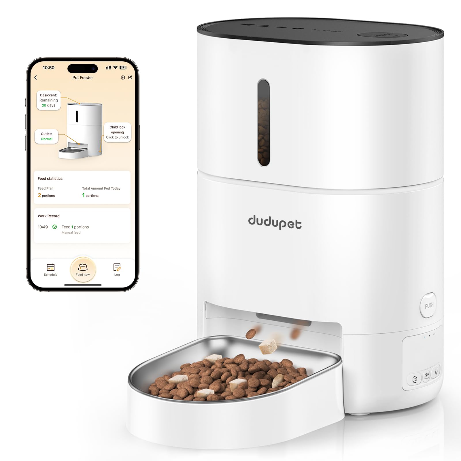 DUDUPET Distributeur Croquettes Chat Automatique- 4L télécommande WiFi 2.4G | Double Alimentation, Enregistrement Vocal 10 Secondes, Bol en Acier Inoxydable, Convient aux Chats et aux Petits Chiens