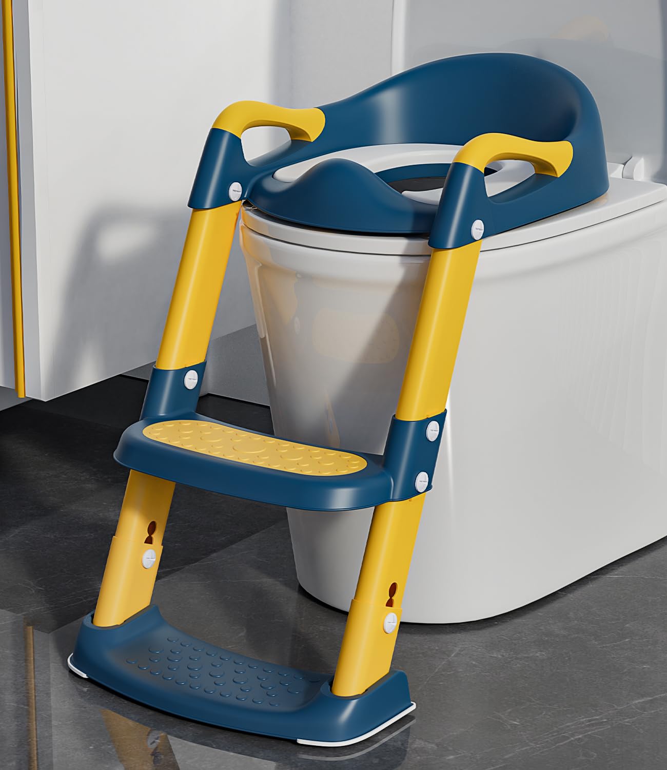 Xespis Réducteur Toilette Enfant avec Marche, Antidérapant (Bleu, Jaune) | Rehausseur Toilette Enfant avec PU-Coussin, Hauteur Réglable et Pliable, Antidérapante Adaptateur Toilette Enfant