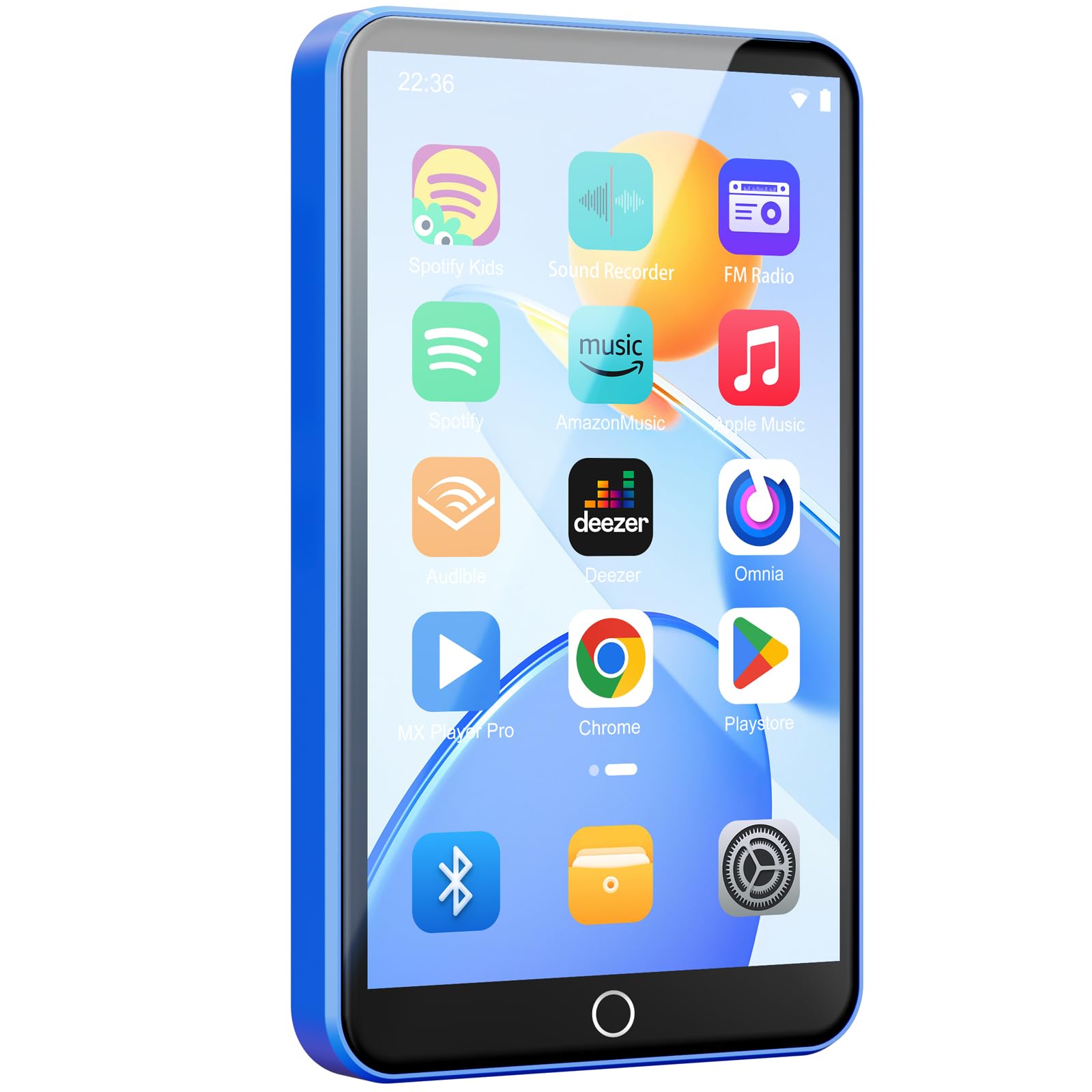 Fanvace 16 Go Lecteur MP3 avec Bluetooth WiFi et écran tactile 4" | lecteur mp3 spotify Android avec haut-parleur, batterie 2000 mAh, son Hi-Fi, Deezer, Play Store, jusqu’à 512 Go, Blue