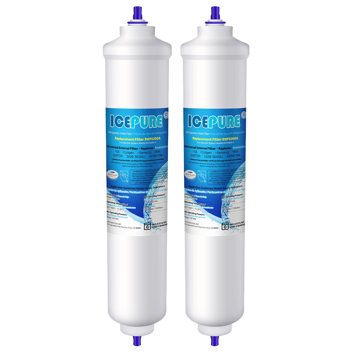 ICEPURE Filtre à eau pour réfrigérateur de remplacement pour Samsung DA29-10105J, DA29-10105J HAFEX/EXP, DA99-02131B, WSF-100, EF9603, LG Réfrigérateur en ligne, 2 pièces.