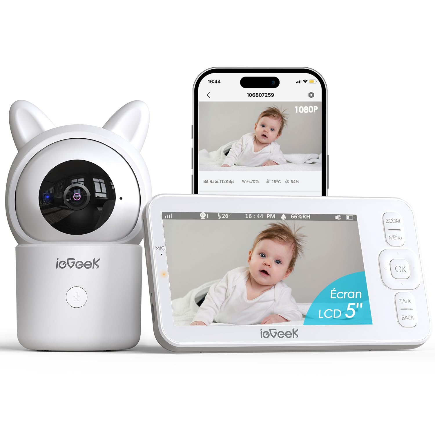 ieGeek 1080P/ 5" Babyphone Caméra, Camera Bebe Vidéo connecté Smartphone, PTZ 360°Surveillance des Mouvements, Suivi Automatique
