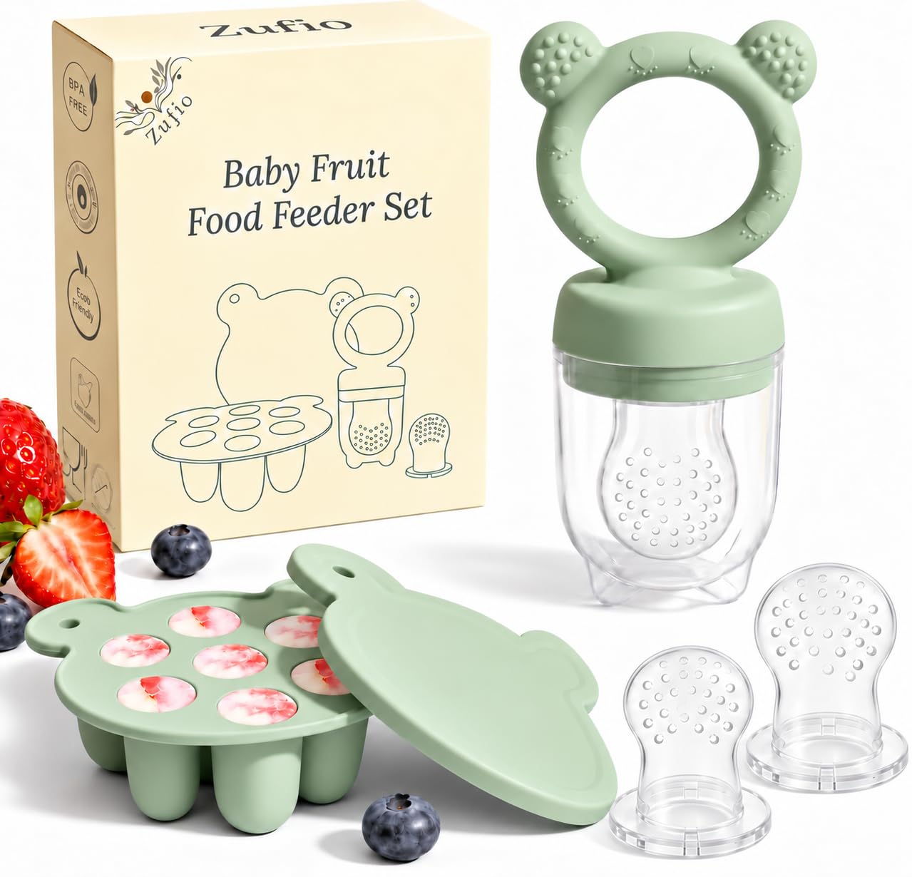 Zufio Grignoteuse bébé - sans BPA Tetine grignoteuse bébé 4M+ moule à glace au lait maternel conservation lait maternel - alimentateur de fruits en silicone (Green)