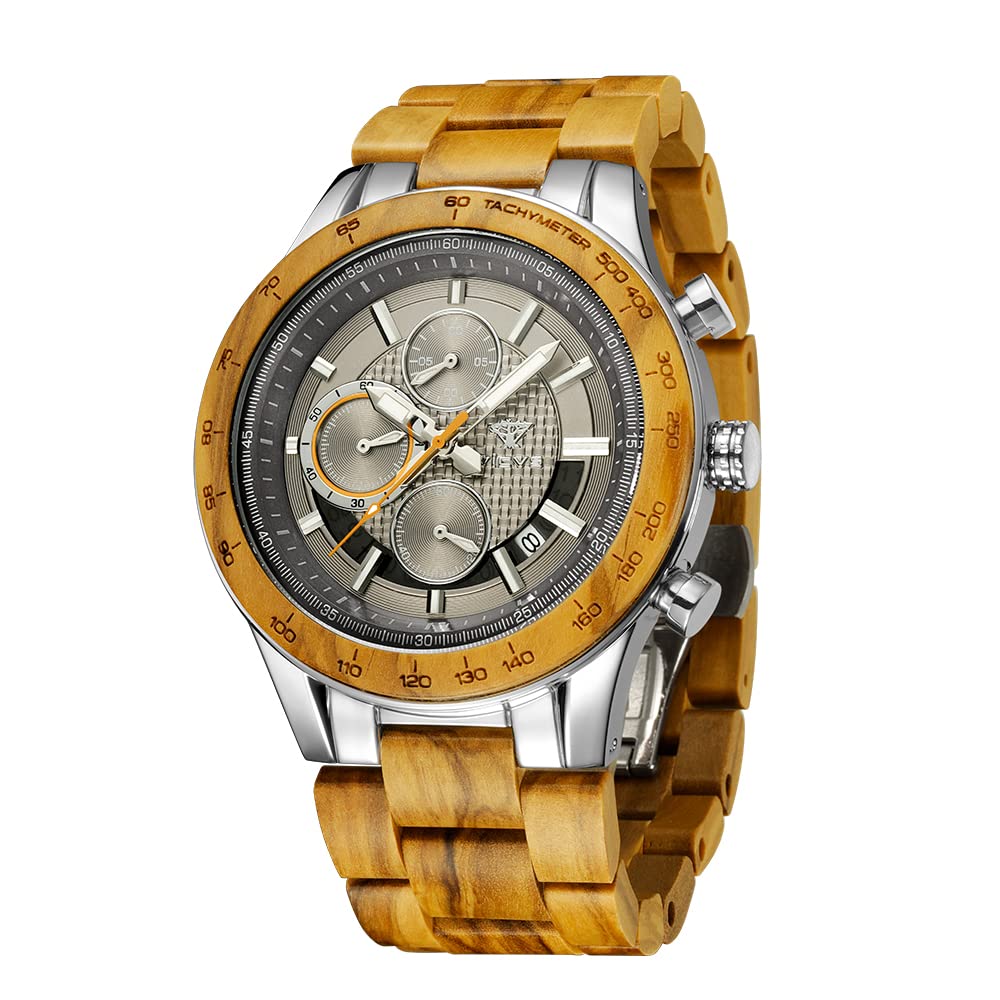 VICVS Montre en Bois et en Acier Inoxydable pour Hommes, chronographe 6 Cadrans chronographe Quartz Loisirs Affaires Multifonction Montre en Bois pour Hommes, Fait à la Main