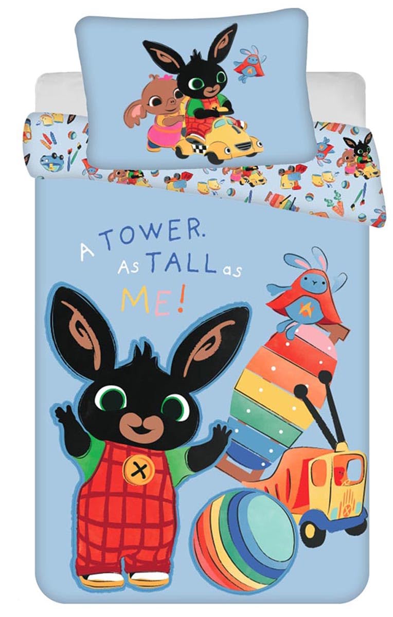 Jerry Fabrics Parure de lit réversible pour bébé Motif Bing Bunny, Amma & Sula Ball Xylophone Voiture Bleu Couette 100x135 + Oreiller 40x60 cm 100% Coton pour Enfant