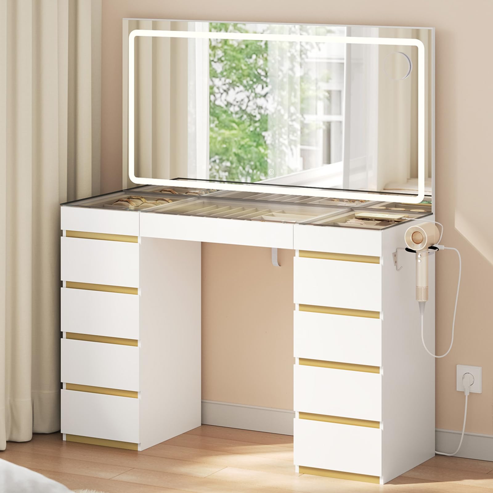 WOLTU Coiffeuse avec Grand Miroir LED, Plateau en Verre, 11 Tiroirs | Organisateur à Bijoux Amovible, Table de Maquillage avec Multiprise, Luminosité Réglable, Meuble Moderne Chambre, Blanc+Doré