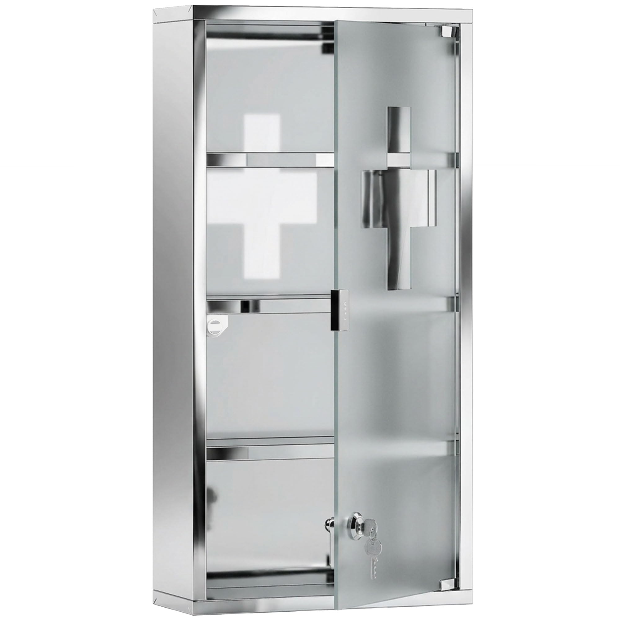 HOMCOM Armoire à Pharmacie, 3 Étagères 4 Niveaux, 30L x 12l x 60H cm | Porte Verre Trempé, Symbole Croix, Acier Inoxydable Brossé