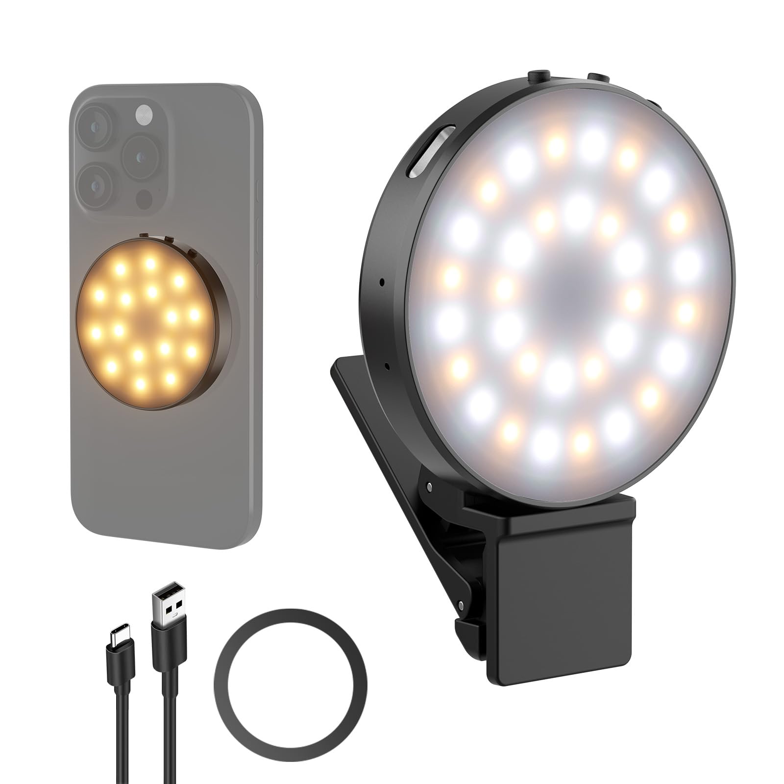 NEEWER Version d'Entrée de Gamme Lampe Selfie Magnétique Compatible avec MagSafe iPhone, Anneau LED Métallique 1W à Clip pour Téléphone Portable, Vidéoconférence, CRI95+ 840lux/0,2m,NL32R